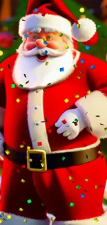 Animated Santa Claus with Christmas tree in the background; holiday-themed wallpaper.