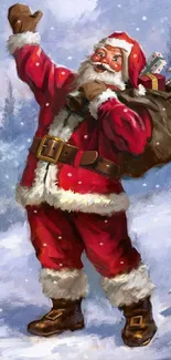 Santa Claus in red suit with gift bag in snowy scene.