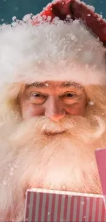 Santa Claus holding a gift with a snowy backdrop.