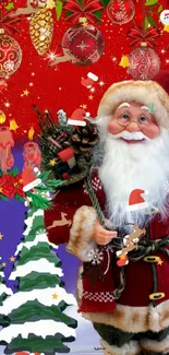 Santa Claus with Christmas trees and ornaments on a festive wallpaper.