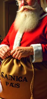 Santa Claus holding a gift sack in front of a Christmas tree.