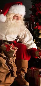 Santa Claus with gifts beside a decorated Christmas tree.