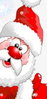 Cartoon Santa Claus in red suit with snowflake design.