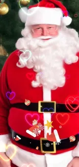 Santa Claus in red suit surrounded by colorful hearts and festive decorations.