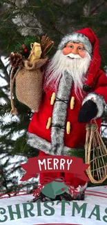 Santa Claus in red suit with Christmas tree background.