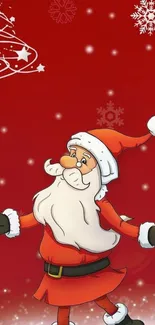 Jolly Santa Claus on a red festive background with snowflakes.