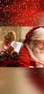 Santa Claus with gifts in a festive red and gold sparkling wallpaper.