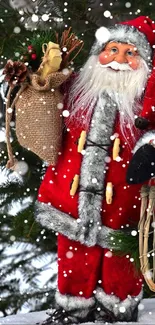 Santa Claus in red suit with snowflakes in a festive holiday scene.