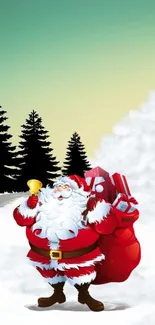 Santa Claus with gifts in snowy landscape mobile wallpaper.