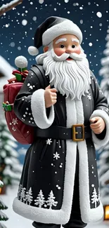 Santa Claus in a snowy night scene with festive decorations.