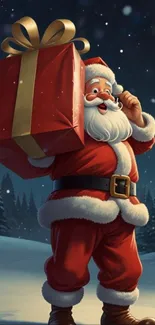 Santa Claus with a large gift in a snowy winter scene.
