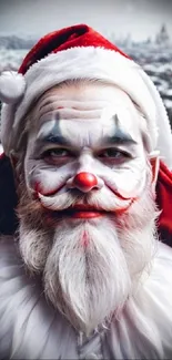 Santa Claus with clown makeup in a snowy holiday background.