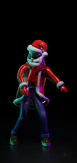 Santa Claus in red coat dancing with festive cheer on black background.