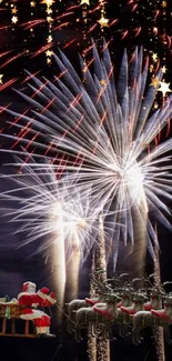 Santa and reindeer with festive fireworks display.