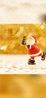 Joyful Santa Claus skating against a golden, glittery background.