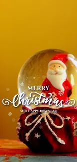 Santa snow globe on colorful table with yellow background.