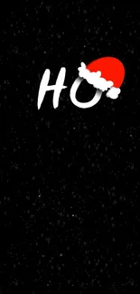 Mobile wallpaper with Santa hat and 'Ho' on a black background for Christmas.