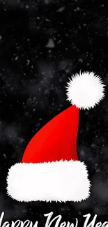 Red Santa hat on a snowy black background with 'Happy New Year' text.