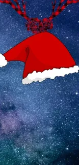 Santa hat with antlers on a starry night sky background.