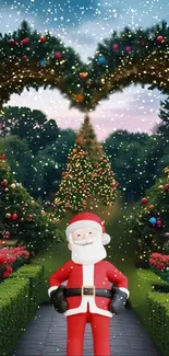 Santa Claus in a festive garden with a heart-shaped ornamented tree.