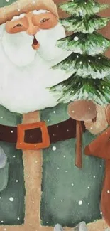 Charming festive Santa with animals and tree in snowy landscape.