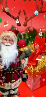 Santa Claus with gift box in festive Christmas scene.