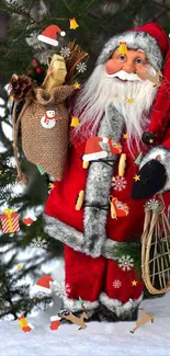 Santa Claus in red suit with gifts, snow and pine trees in festive wallpaper.