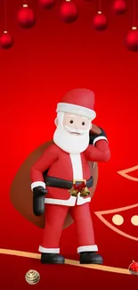 Santa Claus on festive red background with Christmas decor.