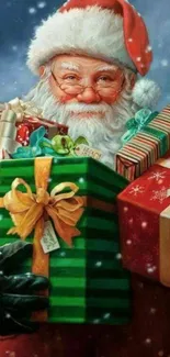 Santa Claus holding colorful Christmas gifts in a festive holiday wallpaper.