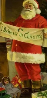 Santa Claus holding a banner by the Christmas tree with gifts and a fireplace.