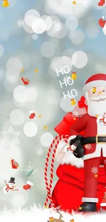 Santa Claus with gifts, snowy bokeh background.