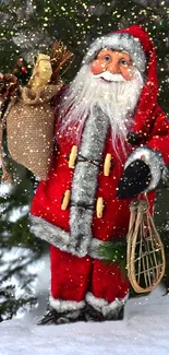 Santa Claus with festive decorations in a snowy setting.