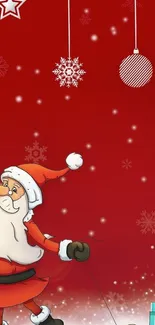 Vibrant red wallpaper with Santa Claus and gifts.