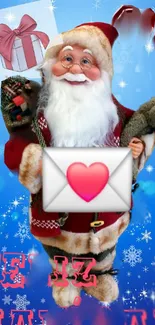 Santa Claus with gifts on a festive wallpaper.