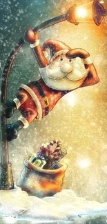 Festive Santa artwork with gifts and lamp on snowy background.