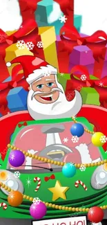 Santa driving a colorful car with gifts and festive decor.