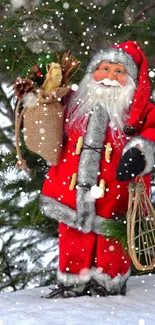 Santa Claus stands in red suit amidst snow and pine trees.