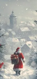 Santa Claus walking through a snowy village landscape with a festive vibe.