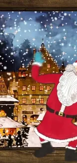 Santa dancing in snowy festive town wallpaper.