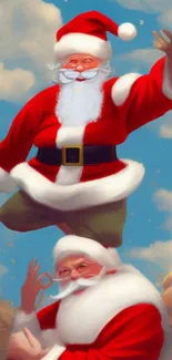 Santa Claus depicted in a festive, colorful scene with a bright blue sky backdrop.