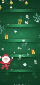 Cheerful Santa with gifts on green festive background wallpaper.