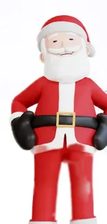 Cheerful Santa Claus in red suit and black gloves on festive wallpaper.