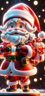 Santa Claus holding gifts with festive lights and decorations.