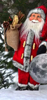 Santa Claus in red suit with moon and snowy background.