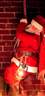 Santa Claus on brick wall with lantern.