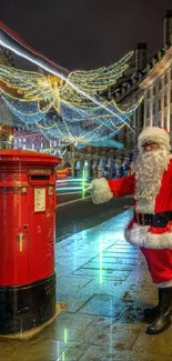 Santa in festive city with holiday lights.