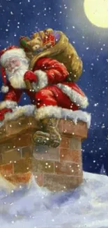 Santa Claus on snowy rooftop with full moon in starry night.