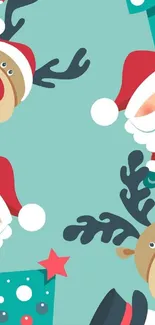 Festive mobile wallpaper with Santa and reindeer on teal background.