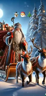 Santa Claus with reindeer in snowy landscape.