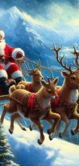 Santa Claus on sleigh with reindeer in snowy mountains.